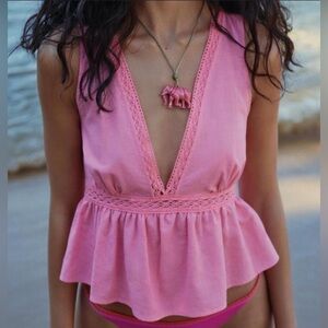 ZARA pink linen blend top with lace insert size extra large